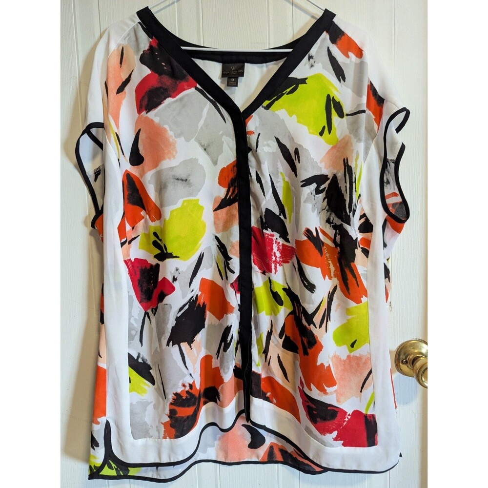Worthington Woman Abstract Floral Tunic Blouse Plus 1X Cap Sleeve Contrast Trim